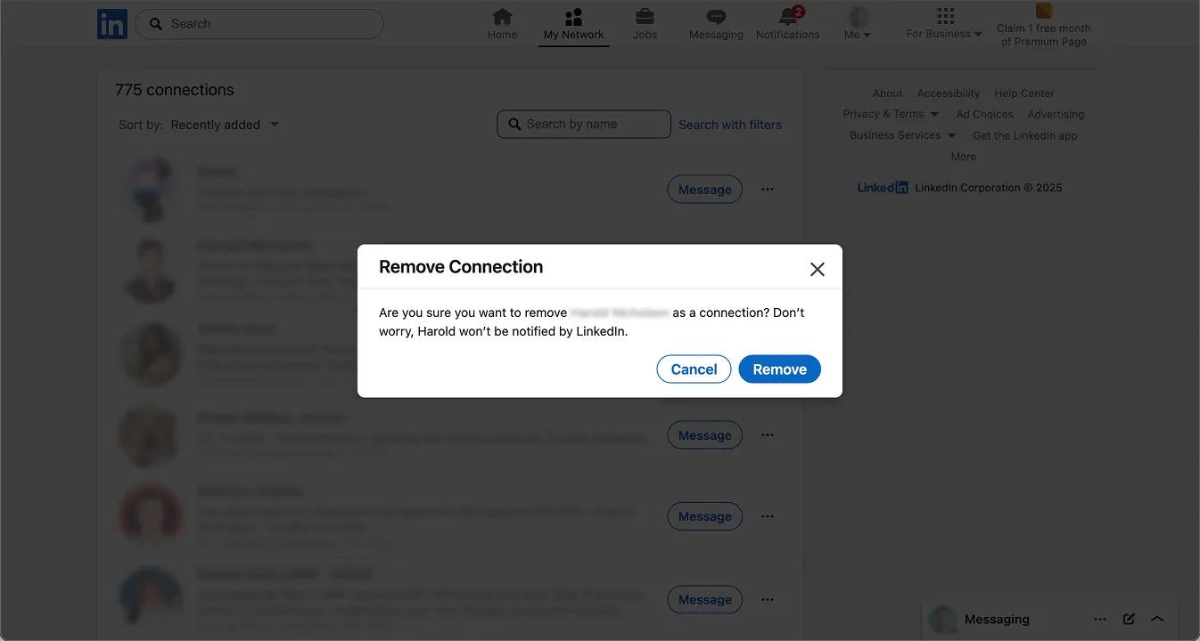 LinkedIn's manual removal: one popup, one click, one connection at a time.