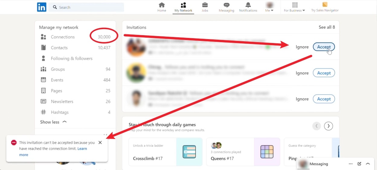 When you hit 30,000 connections, LinkedIn blocks new connection requests.