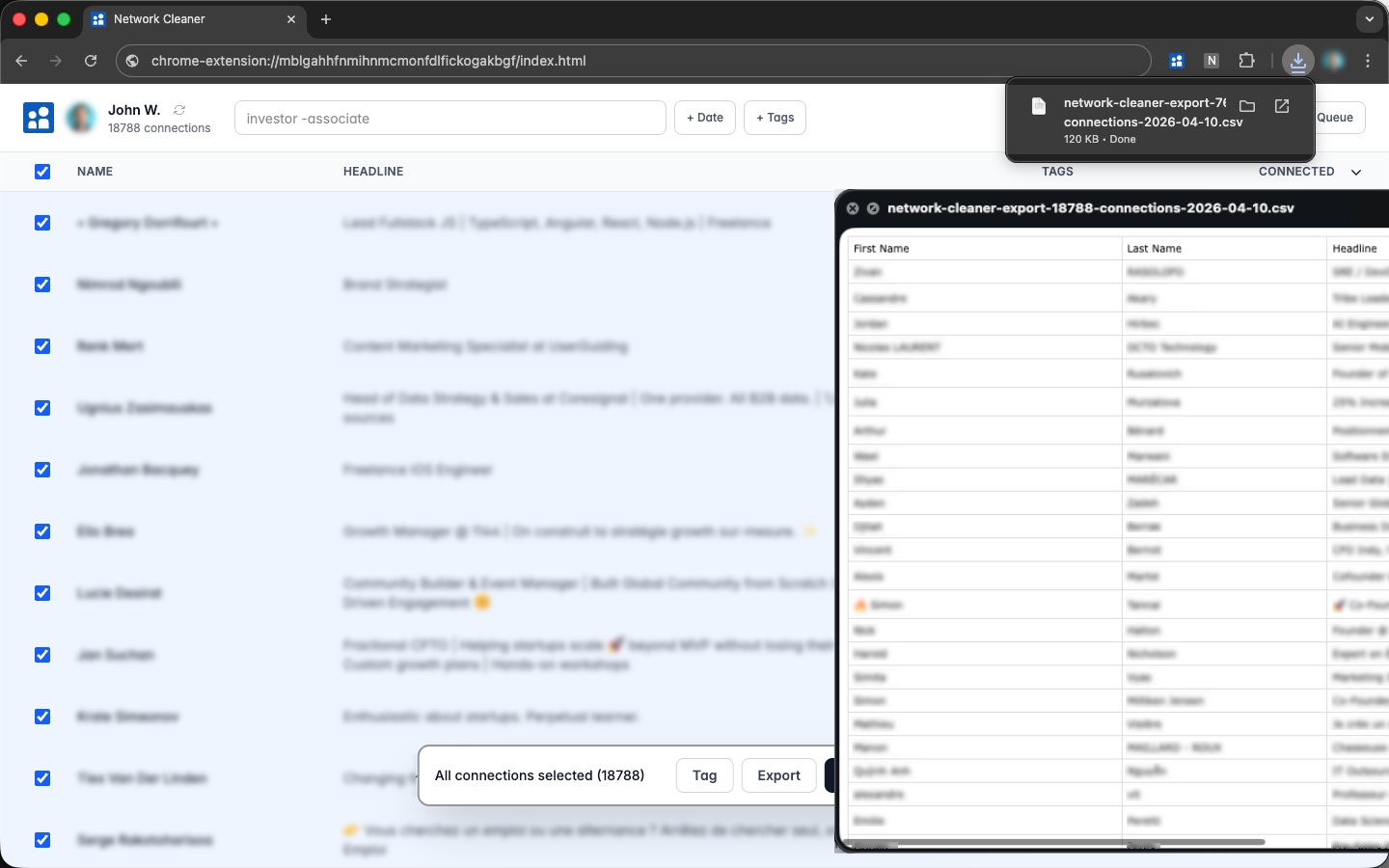 Export selected LinkedIn connections to CSV with tags and headline