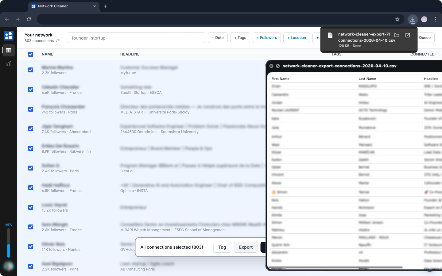 Export selected LinkedIn connections to CSV with tags and headline