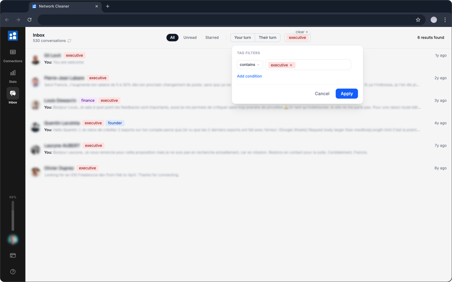 Inbox conversation list filtered by a tag